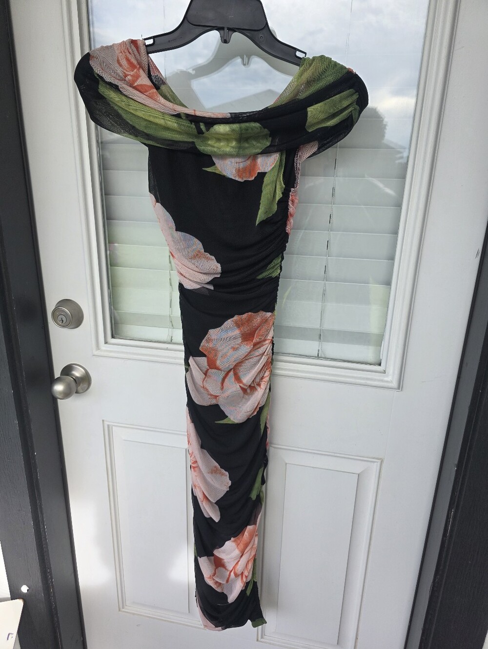 B Darlin Black Off-Shoulder Midi Dress with Pink Floral Print - Picture 3 of 10